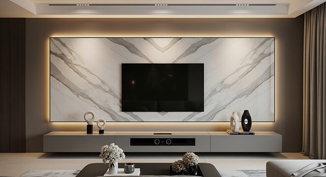 Luxurious Modern Living Room with a Backlit Marble Feature Wall and Entertainment Center.