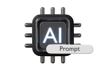 3d AI chip with prompt icon. artificial intelligence and generative technology concept. Minimal cartoon black processor for NLP and digital innovation isolated on white background. 3d render. © Theeraphat