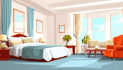 Luxurious bedroom interior with large windows