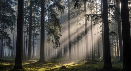 Obraz premium Sun rays filtering through misty, tall tree trunks in a dense forest