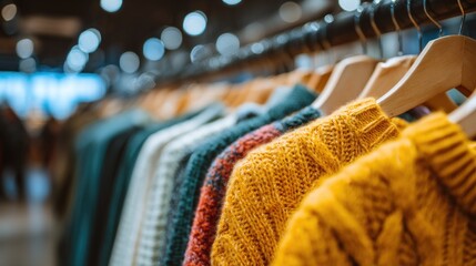 Row of sweaters on hangers in a store