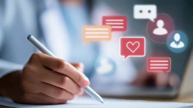 Midrange view of a psychologist using a stylus to mark notes on a CBT app conversation with blurred user icons and chat bubbles in the backdrop.