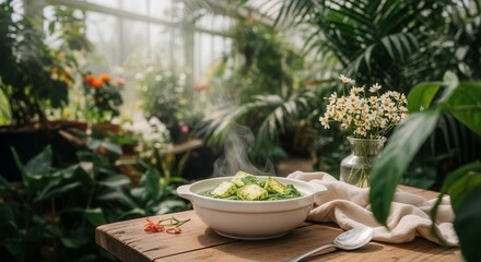 Delicious palak paneer recipe served in a greenhouse with fresh flowers and natural light setting typical indian food.