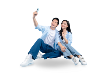 A couple taking a selfie, smiling, and looking happy on PNG background