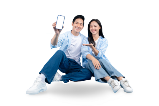 Happy couple showing smartphone with a blank screen on PNG background