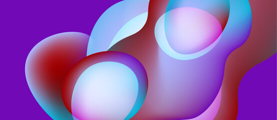 Abstract shapes overlap, creating vibrant color gradients. Purple background complements red, blue hues. Smooth transitions define fluid forms.