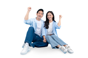 A happy couple celebrates together on PNG background