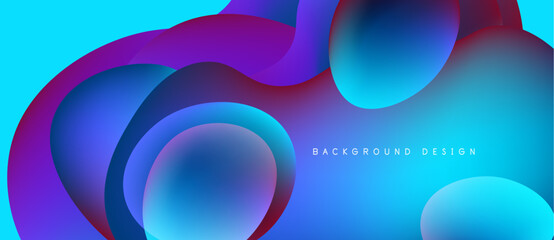 Abstract fluid shapes overlap, creating vibrant blue, purple gradients. Modern design evokes energy, movement, depth. Background text reads background design.