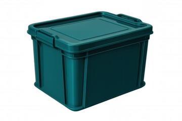 Closed teal plastic storage box isolated on transparent background, ideal for storing various items