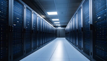 Vanishing Point Perspective Down a Gleaming Aisle of Blue-Lit Server Racks