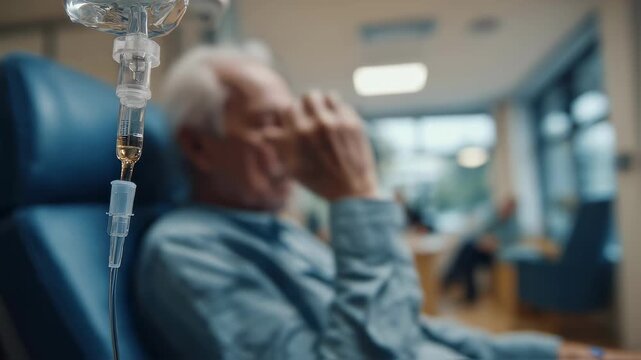 Medium shot capturing a patient seated inside the eRV receiving autoimmune infusion treatment infusion pump clearly in focus against a softly blurred interior.