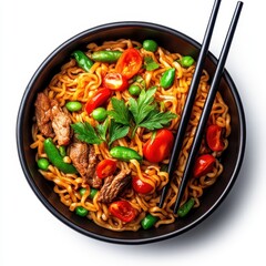 Delicious noodle dish with meat and vegetables home kitchen food photography bright setting close-up culinary art