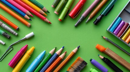 Fototapeta premium Colorful school supplies arranged in a circle on a green background