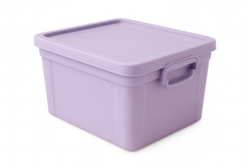 Closed purple plastic storage box with handle and attached lid isolated on transparent background, perfect for organizing and storing items