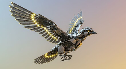 Obraz premium Futuristic Robotic Bird with LED Wings in Flight