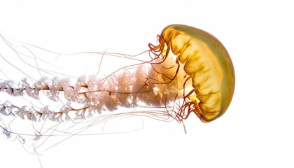 A translucent golden jellyfish gracefully floats in the water, its long tentacles trailing behind.