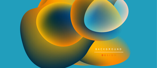 Abstract fluid shapes overlap, creating vibrant color gradients. Blue background complements orange, yellow hues. Modern design element.