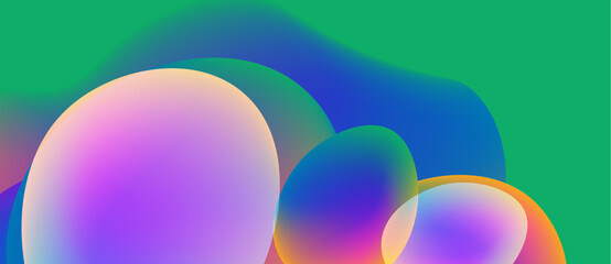 Abstract colorful shapes overlap, creating vibrant gradients. Smooth transitions between purple, blue, green, orange hues dominate composition.