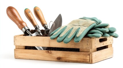 Wooden crate filled with gardening tools and soil