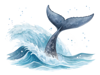 Whale tail emerging from a splashing ocean wave with water droplets