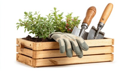 Wooden planter box filled with soil, plants, and gardening tools