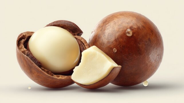 Close-up of macadamia nuts, one cracked open, with creamy kernel exposed
