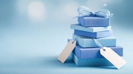 Stacked pastel blue gift boxes with ribbons and tags