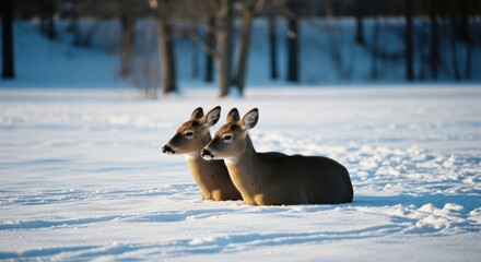 Naklejka premium Two deer sit nestled in a snow-covered field, winter woodland background