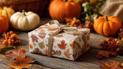 Autumnal gift box surrounded by pumpkins and fall decor