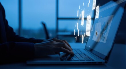 Typing hands over laptop, digital documents float. Window in background