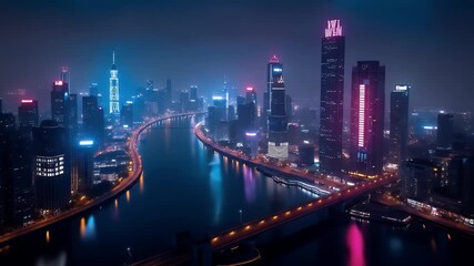 Night aerial view of futuristic city skyline with glowing skyscrapers, neon lights reflecting on rivers, cyberpunk atmosphere, drone photography from above, no people, highly detailed - Powered by Adobe