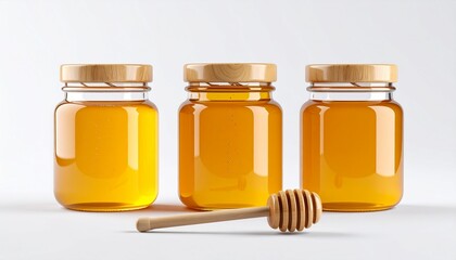 Organic honey jars isolated on white background. Includes glass jars and wooden dipper, ideal for gourmet food, wellness, and artisanal product designs