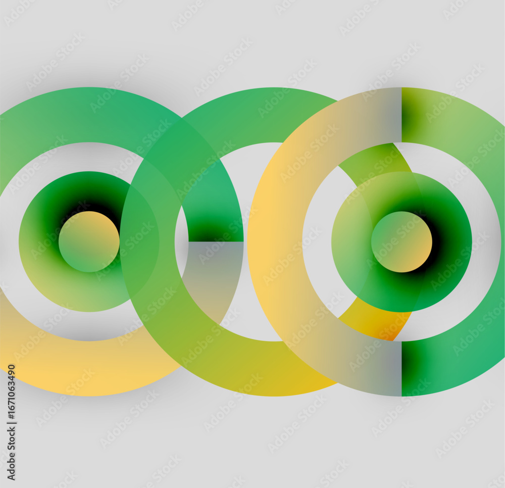 Poster abstract composition featuring overlapping circles. green, yellow, white hues create dynamic visual 