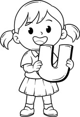 cute girl with letter U cartoon outline