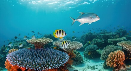 Fototapeta premium Underwater scene with coral reefs and tropical fish in clear blue water