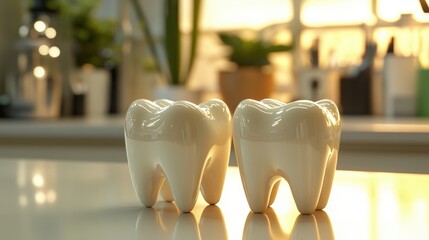Two decorative tooth-shaped objects sit on a countertop, surrounded by a softly lit, modern environment, suggesting a dental or health-related theme.