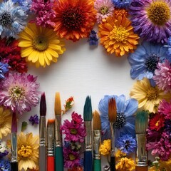 Colorful flowers and paintbrushes frame a blank space