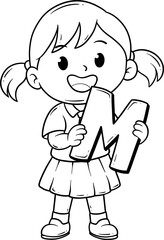 cute girl with letter M cartoon outline