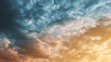 Obraz premium Dramatic panoramic sky with vibrant clouds at sunrise and sunset, wide-angle view with warm and cool color contrast and soft gradient lighting.