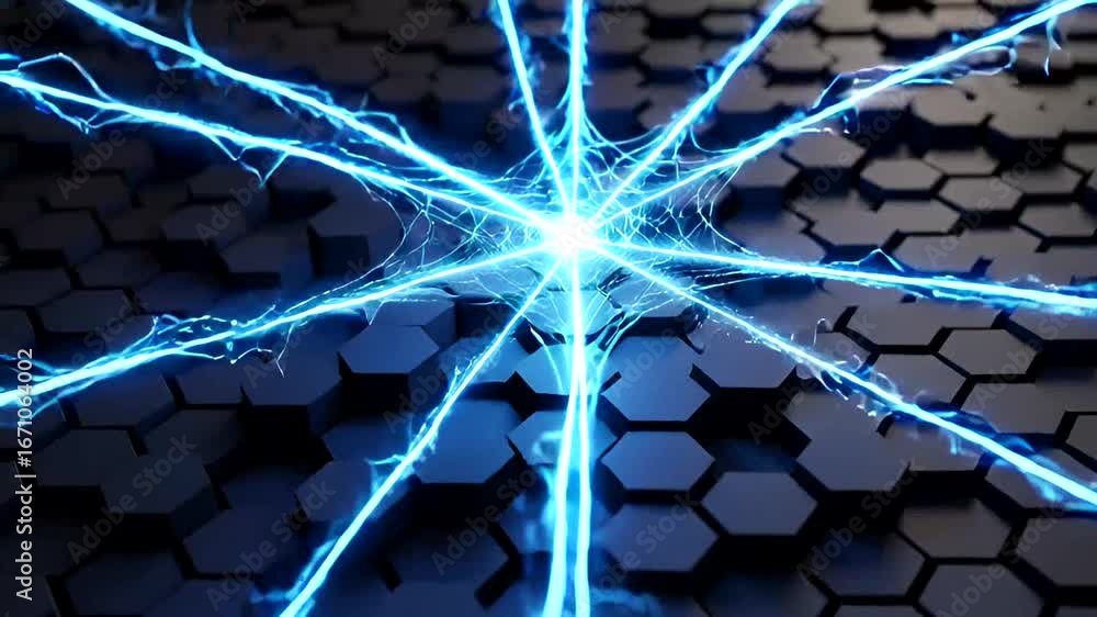Poster dynamic blue energy beams emanating from center on hexagonal background animation