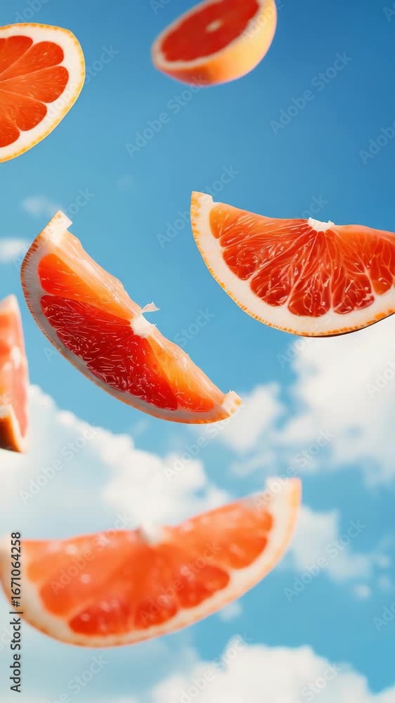 Poster a vibrant of citrus slices floating against a clear sky backdrop.