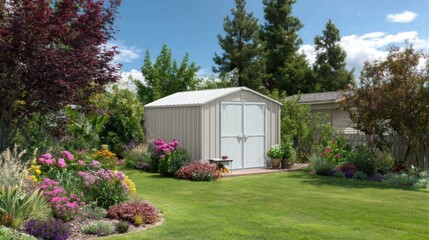 Backyard storage shed with lush landscaping
