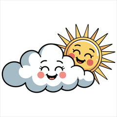 cute smiling sun and fluffy cloud vector illustration on white background