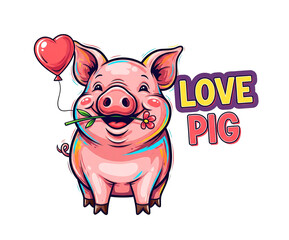 An adorable cartoon pig holds a flower and a heart balloon. A perfect graphic for cards and children's designs.