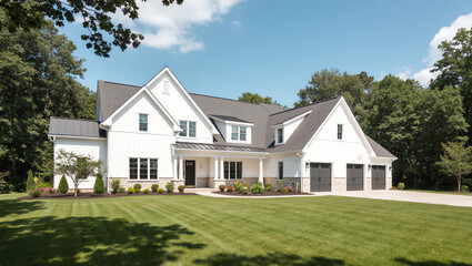 Obraz premium Modern farmhouse-style white house with dormers, garage doors, and manicured lawn surrounded by trees. Blue sky enhances serene suburban charm, ideal for real estate, architecture, and lifestyle theme