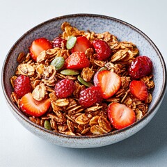 Healthy granola bowl with fresh berries kitchen table food photography bright light nutritional concept
