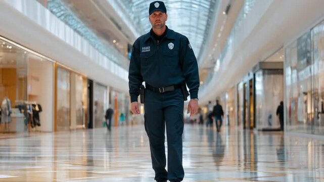 Security Patrol: A confident security guard strides through a modern shopping mall, showcasing vigilance and professionalism in a retail environment.  