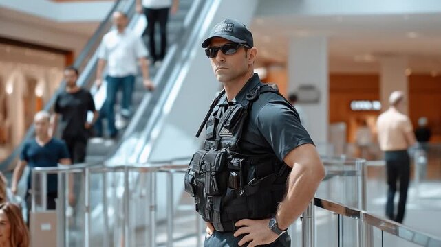 Guardian's Vigil: A focused security officer, dressed in uniform, stands watchful over a bustling shopping complex, his gaze determined, reflecting a commitment to safety and protection.