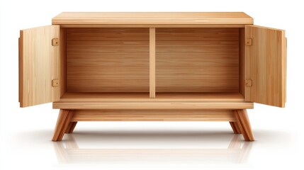 Light-colored wooden cabinet with open doors
