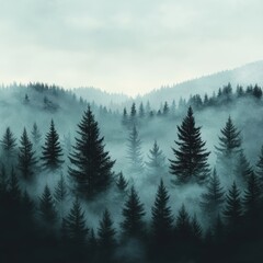 Fototapeta premium A serene misty forest landscape with tall evergreen trees, enveloped in fog, creating a tranquil and atmospheric scene.